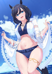 Rule 34 | 1girl, absurdres, animal ears, bikini, black hair, blue bikini, blue eyes, blue nails, blue sky, breasts, butter curry, cleavage, clothes lift, cloud, commentary request, day, eishin flash (reines plaetschern) (umamusume), eishin flash (umamusume), fingernails, hair between eyes, highres, horse ears, horse girl, jacket, jacket lift, jewelry, lifting own clothes, looking at viewer, medium breasts, necklace, ocean, official alternate costume, open clothes, open jacket, open mouth, outdoors, sky, solo, swimsuit, thighs, umamusume, white jacket