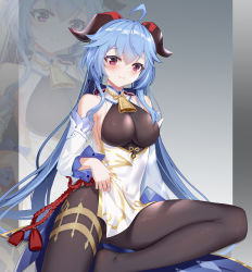 Rule 34 | 1girl, absurdres, ahoge, bare shoulders, bell, black pantyhose, blue hair, blush, breasts, chinese knot, clothes lift, detached sleeves, flower knot, ganyu (genshin impact), genshin impact, gold trim, highres, hong bai, horns, long hair, looking at viewer, medium breasts, neck bell, no gloves, no shoes, pantyhose, pelvic curtain, pelvic curtain lift, purple eyes, sideboob, sidelocks, sitting, smile, solo, tassel, thighlet, white sleeves