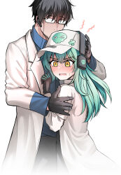 Rule 34 | 1boy, 1girl, antonina (neural cloud), aqua hair, baseball cap, black gloves, black hair, blue shirt, blush, collared shirt, commentary, cowboy shot, earpiece, english commentary, girls&#039; frontline, girls&#039; frontline neural cloud, glasses, gloves, grabbing another&#039;s arm, hand on another&#039;s head, hat, headphones, hetero, highres, lab coat, long hair, male professor (neural cloud), nervous, nervous sweating, open mouth, professor (neural cloud), senpaihawkkun, shirt, short hair, simple background, size difference, skull print, sweat, sweatdrop, white background, white headwear, yellow eyes