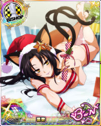 Rule 34 | 1girl, animal ears, barefoot, bishop (chess), black hair, breasts, card (medium), cat ears, cat girl, cat tail, chess piece, christmas, cleavage, female focus, hat, high school dxd, kuroka (high school dxd), large breasts, lipstick, looking at viewer, makeup, multiple tails, official art, purple lips, ribbon, santa hat, smile, tail, underboob, yellow eyes