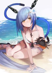 Rule 34 | 1girl, :o, absurdres, azur lane, bare shoulders, beach, bikini, blue hair, bracelet, breasts, cable, cable tail, choker, cleavage, collarbone, commentary, crab, cross, cross necklace, day, eyes visible through hair, flower, front-tie bikini top, front-tie top, full body, gascogne (azur lane), gascogne (tropical environs acclimation service equipment) (azur lane), gascogne (tropical environs acclimation service equipment) (azur lane), hair flower, hair ornament, highres, jewelry, leaning forward, looking at viewer, mechanical tail, medium breasts, necklace, nishikikope, ocean, open mouth, outdoors, ribbon choker, sand, sandals, sidelocks, sitting, solo, star (symbol), star hair ornament, swimsuit, tail, water, white bikini, yellow eyes, yokozuwari