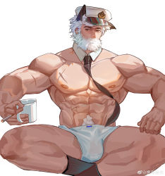 Rule 34 | 1boy, abs, absurdres, animal ears, arknights, bara, beard, black necktie, briefs, bulge, cat ears, cigarette, cross scar, cup, detached collar, facial hair, hat, highres, holding, holding cup, large pectorals, crossed legs, male focus, male underwear, mature male, mug, muscular, muscular male, mustache, navel, navel hair, necktie, nipples, old, old man, pancho salas (arknights), pectorals, sailor hat, scar, scar on chest, short hair, socks, solo, stomach, thick thighs, thighs, topless male, underwear, underwear only, wet, wet clothes, wet male underwear, white background, white hair, white male underwear, xiedaifenshi (7329016845)