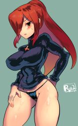 Rule 34 | 1girl, alternate hairstyle, blush, breasts, covered navel, cross, cross necklace, g-string, green hair, hair over one eye, hand on own thigh, highres, jewelry, large breasts, long hair, looking at viewer, necklace, parasoul (skullgirls), ponytail, red hair, ryuji (red-truth), skullgirls, solo, sweatdrop, sweater, thong, turtleneck, turtleneck sweater, yellow eyes