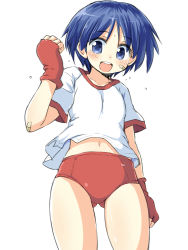 Rule 34 | 1girl, :d, bandaid, bandaid on arm, bandaid on face, blue eyes, blue hair, blush, breasts, buruma, collarbone, commentary request, cowboy shot, dot nose, fingerless gloves, gloves, gluteal fold, gym shirt, hand up, matsubara aoi, naitou kouse, navel, open mouth, raised fist, red buruma, red gloves, round teeth, shirt, short hair, short sleeves, side slit, simple background, small breasts, smile, solo, standing, stomach, sweat, tareme, teeth, thighs, to heart, to heart (series), upshirt, white background