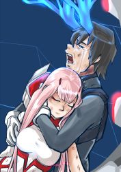 Rule 34 | 10s, 1boy, 1girl, black hair, blossomppg, blue horns, bodysuit, breasts, broken horn, closed eyes, commentary, couple, crying, darling in the franxx, hand on another&#039;s arm, hand on another&#039;s face, hetero, highres, hiro (darling in the franxx), horns, hug, hug from behind, long hair, medium breasts, oni horns, pink hair, red horns, short hair, signature, tears, torn bodysuit, torn clothes, zero two (darling in the franxx)