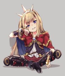 Rule 34 | 1girl, black footwear, blonde hair, boots, bow, bracer, brooch, cagliostro (granblue fantasy), cape, full body, gengorou, granblue fantasy, grey background, grin, hairband, jewelry, long hair, looking at viewer, purple eyes, red bow, red skirt, simple background, sitting, skirt, smile, solo, spiked hairband, spikes, straight-on, teeth