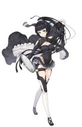 Rule 34 | 1girl, arm up, black footwear, black hair, blue eyes, breasts, bridal garter, cleavage, cleavage cutout, clothing cutout, frilled skirt, frills, full body, highres, holding, holding tray, josie rosebud, long hair, looking at viewer, maid, medium breasts, official art, princess principal, princess principal game of mission, shoes, shoulder cutout, skirt, standing, thigh strap, thighhighs, transparent background, tray, very long hair, white thighhighs