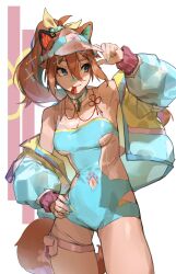 Rule 34 | 1girl, bandaid, bandaid on face, bandaid on nose, breasts, brown hair, clothing cutout, colored inner hair, dog girl, dog tail, green eyes, green hair, hair ornament, hair scrunchie, highres, indie virtual youtuber, kuno (runkunochan), lifeguard, miyoshino shiki, multicolored hair, nail polish, navel cutout, paw print, ponytail, power symbol, prism project, prosthetic ear, scrunchie, see-through swimsuit, solo, swimsuit, tail, thigh strap, virtual youtuber, visor cap, whistle