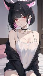 Rule 34 | 1girl, animal ears, bare shoulders, black choker, black hair, black jacket, blue archive, blush, breasts, camisole, cat ears, choker, cleavage, collarbone, colored inner hair, extra ears, hair ornament, hairclip, halo, highres, indoors, jacket, kazusa (blue archive), long sleeves, looking at viewer, medium breasts, multicolored hair, on bed, open clothes, open jacket, pink eyes, pink hair, pout, red eyes, ryouta (ryouta335), short hair, sitting, solo, two-tone hair, upper body, white camisole
