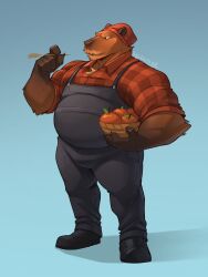 Rule 34 | 1boy, bara, beanie, big belly, capybara boy, chest tuft, facial hair, farmer, food, fruit, full body, furry, furry male, goatee, happy, hat, highres, holding, holding food, holding fruit, large pectorals, looking away, male focus, mature male, muscular, muscular male, original, pants, pectorals, pun, racesolar, shennong (housamo), shoes, short hair, solo, stalk, standing, thick eyebrows, thighs, v-shaped eyebrows