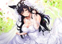 Rule 34 | 1girl, adjusting hair, animal ears, armpit crease, atago (azur lane), azur lane, bare shoulders, black hair, blush, breasts, bridal gauntlets, bridal veil, brown eyes, cleavage, cleavage cutout, closed mouth, clothes lift, clothing cutout, dress, dress lift, earrings, extra ears, floating hair, gloves, hair ribbon, highres, jewelry, large breasts, lifting own clothes, light particles, light rays, long hair, looking at viewer, mole, mole under eye, petals, ribbon, sakiyamama, signature, smile, solo, sparkle, swept bangs, taut clothes, veil, very long hair, wedding dress, white dress, white gloves, white ribbon, wind, wind lift