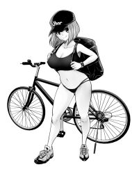 Rule 34 | 1girl, backpack, bag, baseball cap, bicycle, bikini, black bikini bottom, black sports bra, closed mouth, commentary request, full body, greyscale, hat, highres, looking at viewer, monochrome, multi-strapped bikini, navel, original, shoes, short hair, smile, sneakers, solo, souryu, sports bra, standing, swimsuit, watch, white background, wristwatch