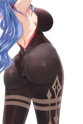 Rule 34 | 1girl, absurdres, armpits, ass, ass focus, backless leotard, bare shoulders, black pantyhose, blue hair, bodysuit, breasts, from behind, ganyu (genshin impact), genshin impact, highres, huge ass, large breasts, leotard, long hair, pantyhose, shenqi (toid310), shiny clothes, sideboob, skin tight, solo, very long hair, white background