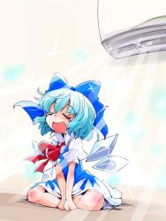 Rule 34 | 1girl, air conditioner, blue eyes, blue hair, bow, cirno, closed eyes, dress, gradient background, hair bow, ice, ice wings, indian style, matching hair/eyes, open mouth, ribbon, shinapuu, short hair, sitting, smile, solo, touhou, wings