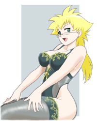Rule 34 | 00s, 1girl, :d, aqua eyes, blonde hair, breasts, cleavage, cowboy shot, earrings, from side, glasses, green eyes, grey background, grey thighhighs, groin, hands on own thighs, happy, highleg, highleg leotard, jewelry, lace, lace-trimmed legwear, lace trim, large breasts, leotard, lingerie, long hair, looking at viewer, looking back, my-otome, open mouth, out of frame, outside border, rectangular eyewear, ribbon, rimless eyewear, sabachiyo land, sara gallagher, simple background, sitting, smile, solo, spiked hair, stud earrings, thighhighs, thighs, underwear, underwear only, white background