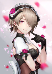 Rule 34 | 1girl, black gloves, blurry, blurry foreground, blush, breasts, closed mouth, dress, finger to cheek, flower, frills, gloves, hair over one eye, highres, honkai (series), honkai impact 3rd, horns, looking at viewer, maid, maid headdress, mole, mole under eye, petals, puffy short sleeves, puffy sleeves, red eyes, red flower, red rose, rita rossweisse, rita rossweisse (umbral rose), rose, shinachiku (uno0101), short hair, short sleeves, sidelocks, smile, solo