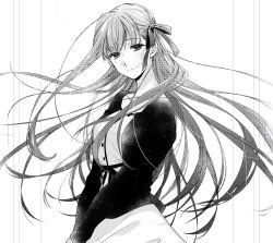 Rule 34 | 1girl, blush, buttons, commentary, cowboy shot, crossed bangs, dress, fate/stay night, fate (series), floating hair, greyscale, hair ribbon, highres, juliet sleeves, light smile, long hair, long sleeves, looking at viewer, matou sakura, monochrome, profile, puffy sleeves, ran (ran 0605), ribbon, simple background, solo, upper body