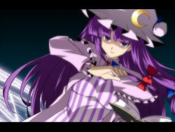 Rule 34 | 1girl, book, crescent, crescent moon, dutch angle, female focus, hat, jitome, kasu kazu, letterboxed, long hair, magic circle, moon, open book, patchouli knowledge, purple eyes, purple hair, serious, shaded face, solo, staring, touhou