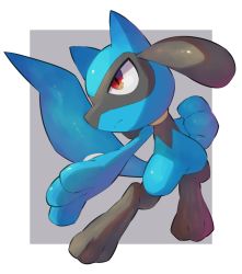 Rule 34 | border, clenched hand, closed mouth, commentary, creature, creatures (company), frown, full body, game freak, gen 4 pokemon, highres, nintendo, nullma, outside border, pokemon, pokemon (creature), red eyes, riolu, shiny skin, solo, toes, white border