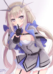 Rule 34 | 1girl, absurdres, between breasts, blue bow, blue capelet, blue necktie, bow, braid, breasts, capelet, cleavage cutout, clothing cutout, collared shirt, dress, dress shirt, garter straps, grey capelet, grey dress, headgear, highres, hizaka, index finger raised, kantai collection, leaning forward, light brown hair, looking at viewer, low twintails, maryland (kancolle), medium breasts, multicolored capelet, necktie, necktie between breasts, one-hour drawing challenge, pleated dress, radio antenna, shirt, side braids, solo, standing, twintails, white shirt