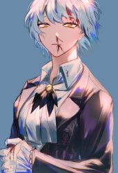 Rule 34 | 1girl, angela (project moon), ascot, blood, blood on face, blue background, blue coat, blue hair, coat, collared shirt, frilled sleeves, frills, highres, library of ruina, long sleeves, m ttl, nosebleed, parted lips, project moon, shirt, simple background, solo, upper body, white ascot, white shirt, wing collar, yellow eyes