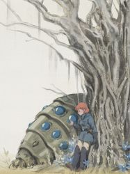 Rule 34 | 1girl, arm at side, bare tree, belt, black footwear, black gloves, blue coat, blue flower, blush, boots, brown hair, bug, coat, creature, earrings, flower, gloves, unworn gloves, grass, grey background, hand rest, highres, jewelry, kaze no tani no nausicaa, knee boots, leaning, leaning on object, light smile, looking down, masso, nature, nausicaa, ohmu, outdoors, plant, profile, short hair, simple background, solo, standing, tree, wide shot
