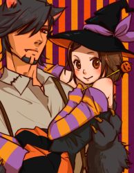 Rule 34 | 10s, 1boy, 1girl, animal ears, animal hands, bad id, bad pixiv id, bare shoulders, bow, braid, braided bangs, brown eyes, brown hair, detached sleeves, ebitetsu, fang, gloves, hair bow, hair ornament, hairclip, halloween, hat, kaburagi kaede, mojyadazo, necktie, pantyhose, paw gloves, red eyes, striped clothes, striped pantyhose, tiger &amp; bunny, witch hat, wolf ears