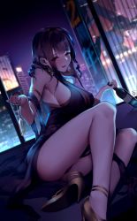 Rule 34 | 1girl, arm strap, armpits, ass, bad id, bad pixiv id, bare shoulders, black dress, blunt bangs, blush, bottle, breasts, brown hair, champagne flute, city lights, cityscape, cleavage, cup, dress, drinking glass, dsr-50 (girls&#039; frontline), dsr-50 (highest bid) (girls&#039; frontline), earrings, eyes visible through hair, flower, girls&#039; frontline, hair flower, hair ornament, hair over shoulder, high heels, holding, holding bottle, holding cup, holding drinking glass, indoors, jewelry, large breasts, long hair, looking at viewer, nail polish, night, official alternate costume, parted lips, red eyes, reroi, scenery, sideboob, sidelocks, sitting, skindentation, smile, solo, thigh strap, thighs, very long hair