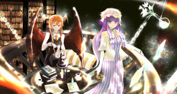 Rule 34 | 2girls, bad id, bad pixiv id, bat wings, black dress, blouse, book, book stack, bookshelf, bow, candle, chain, collared shirt, commentary request, cowboy shot, crescent, crescent pin, crystal, cup, dress, dress shirt, expressionless, floating, floating object, flower, hair between eyes, hair ribbon, hat, hat bow, head wings, highres, holding, holding book, koakuma, lace trim, lantern, large wings, library, light particles, light smile, long hair, long sleeves, looking at viewer, looking down, mob cap, multiple girls, necktie, paper, patchouli knowledge, pillow, pinafore dress, pouring, purple dress, purple eyes, purple hair, pusan0918, railing, red eyes, red hair, red neckwear, ribbon, saucer, shirt, shirt under dress, sidelocks, sleeveless, sleeveless dress, standing, striped clothes, striped dress, table, teacup, teapot, touhou, tress ribbon, vertical-striped clothes, vertical-striped dress, very long hair, voile, white shirt, wings