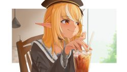 Rule 34 | 1girl, beret, black choker, black dress, blonde hair, border, braid, chair, choker, closed mouth, cup, dark-skinned female, dark skin, dress, drink, drinking glass, drinking straw, elf, hand on own cheek, hand on own face, hat, highres, holding, hololive, indoors, jierman, long hair, long sleeves, looking to the side, multicolored hair, pointy ears, red eyes, sailor collar, shiranui flare, shiranui flare (street), sitting, smile, solo, streaked hair, virtual youtuber, white border, white hair, white sailor collar, window