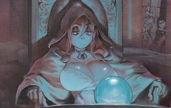 Rule 34 | 1girl, :/, breasts, choker, cleavage, closed mouth, commentary, crystal ball, dress, english commentary, forest box, freckles, highres, hood, hood up, jitome, large breasts, limited palette, long sleeves, meme, neck ribbon, original, pondering my orb (meme), ribbon, sanpaku, signature, sitting, solo, throne, tolkien&#039;s legendarium, wide sleeves