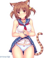 Rule 34 | 10s, 1girl, animal ear fluff, animal ears, azuki (nekopara), bell, blush, bow, bow panties, breasts, brown eyes, brown hair, cat ears, cat tail, choker, closed mouth, clothes lift, commentary, english commentary, gluteal fold, hair ornament, highres, lifting own clothes, looking at viewer, medium breasts, neck bell, nekopara, nottytiffy, panties, pleated skirt, sailor collar, school uniform, serafuku, shirt, short hair, skirt, skirt lift, sleeveless, slit pupils, standing, tail, twitter username, two side up, underwear, white background, white panties, white shirt