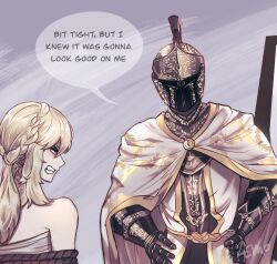 Rule 34 | 1boy, 1girl, angry, armor, blonde hair, bound, bound arms, braid, breastplate, cape, clenched teeth, cloak, commentary, crown braid, elden ring, elden ring: shadow of the erdtree, english commentary, english text, from software, full armor, gauntlets, glaring, greaves, grey eyes, hand on own hip, helm, helmet, highres, lemoninjazz, looking at another, medium hair, restrained, rope, simple background, speech bubble, standing, tarnished (elden ring), teeth, weapon, white cloak