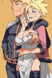 Rule 34 | 1boy, 1girl, 2023, ac120, black nails, blue eyes, boruto: naruto next generations, breasts, collar, collarbone, covered erect nipples, cowboy shot, dated, dress, earrings, facial mark, father and son, feet out of frame, genderswap, genderswap (mtf), grabbing, grabbing another&#039;s breast, half-closed eyes, highres, incest, jewelry, large breasts, long sleeves, looking to the side, nail polish, naruto (series), parted lips, pelvic curtain, ring, short hair, simple background, smile, standing, teeth, thighs, uzumaki boruto, uzumaki naruto, wedding band, whisker markings, white dress, yellow background