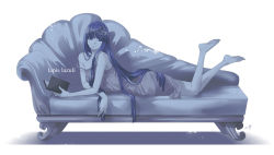 Rule 34 | 1other, alternate costume, androgynous, bad id, bad pixiv id, barefoot, blue eyes, blue hair, blunt bangs, book, character name, couch, hime cut, houseki no kuni, lapis lazuli (houseki no kuni), long hair, looking at viewer, lying, on stomach, shuiqin, smile, solo, strap slip, the pose, very long hair, white background