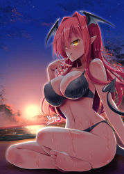 Rule 34 | 1girl, :q, alternate eye color, arm up, bare shoulders, barefoot, bat wings, beach, bikini, black bikini, blush, breasts, cleavage, collarbone, commentary request, crossed legs, cup, dated, demon girl, demon tail, demon wings, eyelashes, female focus, finger to mouth, hair between eyes, head wings, highres, indian style, koakuma, large breasts, long hair, looking at viewer, mug, navel, ocean, outdoors, pointy ears, seductive smile, sidelocks, signature, sitting, smile, solo, stomach, sunset, sweat, swimsuit, tail, tan, tanline, thighs, tongue, tongue out, touhou, water, wet, wet clothes, wet hair, wings, yamu (reverse noise), yellow eyes