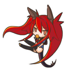 Rule 34 | 1girl, black thighhighs, blush stickers, chibi, dragon girl, dragon tail, eating, food, horns, lowres, monster girl, nefarian, onyxia, orange eyes, personification, red hair, ribbon, solo, tail, thighhighs, twintails, warcraft, world of warcraft