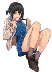 Rule 34 | 1girl, anchor print, backpack, bag, bare legs, belt, black hair, blue dress, blush, brown footwear, convenient leg, dress, fubuki (kancolle), full body, green eyes, grey jacket, grey socks, hair tie, highres, jacket, kantai collection, loafers, long sleeves, looking at viewer, open clothes, open jacket, open mouth, oweee, polka dot, polka dot dress, shoes, short hair, short ponytail, sidelocks, simple background, socks, solo, white background