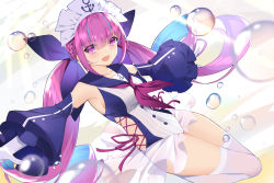 Rule 34 | 1girl, azur lane, blue ribbon, blue sailor collar, breasts, collarbone, colored inner hair, commentary, crossover, gloves, hair ribbon, highres, hololive, looking at viewer, maid headdress, medium breasts, minato aqua, multicolored hair, neckerchief, open mouth, puffy sleeves, purple eyes, purple hair, purple neckerchief, ribbon, rx7649, sailor collar, sidelocks, smile, solo, streaked hair, thighhighs, thighs, twintails, virtual youtuber, white gloves, white thighhighs