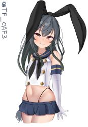 Rule 34 | 1girl, absurdres, black hair, black hairband, black neckerchief, black panties, blue sailor collar, cosplay, crop top, elbow gloves, gloves, hairband, hatsushimo (kancolle), highleg, highleg panties, highres, kantai collection, long hair, looking at viewer, microskirt, miniskirt, navel, neckerchief, one-hour drawing challenge, panties, red eyes, sailor collar, shimakaze (kancolle), shimakaze (kancolle) (cosplay), shirt, simple background, skirt, sleeveless, sleeveless shirt, solo, tf cafe, tongue, tongue out, twitter username, underwear, white background, white gloves, white shirt