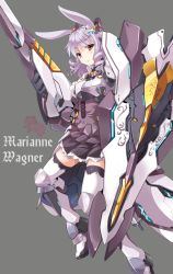 Rule 34 | 1girl, animal ears, armor, breastplate, fatkewell, greaves, light purple hair, marianne wagner, mecha musume, polearm, rabbit ears, red eyes, shield, skirt, solo, spear, thighhighs, weapon, white thighhighs