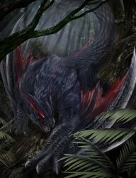 Rule 34 | absurdres, arm blade, black fur, claws, dragon, forest, glowing, glowing eyes, highres, monster, monster hunter (series), nargacuga, nature, no humans, nutuki, red eyes, tail, tree, weapon, wrist blades, wyvern