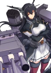 Rule 34 | 10s, 1girl, black hair, bodysuit, boushi-ya, breasts, crossed arms, from above, hair between eyes, headgear, highres, jacket, kantai collection, large breasts, long hair, looking at viewer, midriff, miniskirt, nagato (kancolle), nagato kai ni (kancolle), pleated skirt, red thighhighs, rigging, simple background, skirt, smile, smokestack, solo, thighhighs, turret, white background, white skirt, yellow eyes