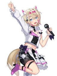 Rule 34 | 1girl, absurdres, animal ear fluff, arm up, bandaid, bandaid hair ornament, black bow, black necktie, black skirt, blonde hair, blue eyes, bow, breasts, buttons, crop top, double-breasted, fang, hair ornament, highres, holding, holding microphone, hololive, hololive english, idol clothes, layered skirt, matryo8, microphone, midriff, mococo abyssgard, multicolored hair, multicolored shirt, necktie, open mouth, pink footwear, pink hair, plaid clothes, plaid skirt, pleated skirt, short hair, short necktie, single sleeve, single thighhigh, skin fang, skirt, solo, streaked hair, thigh strap, thighhighs, virtual youtuber, white skirt, white thighhighs, x hair ornament