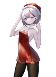 Rule 34 | 1girl, absurdres, admiral graf spee (azur lane), alternate costume, azur lane, backless dress, backless outfit, bare arms, bare shoulders, black pantyhose, blue eyes, breasts, closed mouth, collarbone, commentary request, covered navel, criss-cross halter, dress, halter dress, halterneck, hat, highres, ka11 ca, light smile, looking at viewer, medium breasts, multicolored hair, pantyhose, red dress, red hair, red hat, santa dress, santa hat, short hair, silver hair, simple background, sleeveless, sleeveless dress, smile, solo, streaked hair, white background