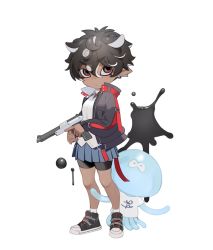 Rule 34 | 1girl, animal ears, bike shorts, black footwear, black jacket, black shorts, brown hair, closed mouth, commentary, dark-skinned female, dark skin, earrings, expressionless, extra ears, green skirt, gun, hair between eyes, handgun, highres, holding, holding gun, holding weapon, ink, inkling player character, jacket, jewelry, long sleeves, looking at viewer, micchan (ohisashiburi), multicolored clothes, multicolored jacket, nintendo, octoling, ohisashiburi, open clothes, original, pistol, pleated skirt, pointy ears, red jacket, shirt, shoes, short hair, shorts, shorts under skirt, skirt, sneakers, splatoon (series), squid, standing, symbol-only commentary, two-tone jacket, weapon, white footwear, white hair, white shirt