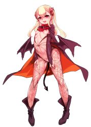 Rule 34 | 1girl, absurdres, bat wings, betoko, breasts, bridal gauntlets, cape, demon girl, demon tail, elbow gloves, gloves, halloween, harigane shinshi, highres, horns, long hair, naked cape, nipples, open mouth, original, pointy ears, print legwear, pussy, red eyes, simple background, small breasts, solo, spider web print, standing, tail, wings