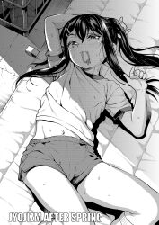 Rule 34 | 1girl, blush, from above, greyscale, gym storeroom, gym uniform, hair ornament, hair tie in mouth, hairclip, highres, long hair, looking at viewer, lying, monochrome, mouth hold, navel, on back, original, solo, sweat, uousa-ou
