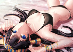Rule 34 | 1girl, afloat, bad id, bad pixiv id, bikini, black bikini, black hair, blue eyes, blurry, bracelet, breasts, depth of field, egyptian, hairband, isis (p&amp;d), jewelry, long hair, looking at viewer, parted lips, partially submerged, puuzaki puuna, puzzle &amp; dragons, shallow water, solo, swimsuit, upside-down, water