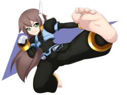 Rule 34 | 1girl, aile (mega man zx), alternate universe, ankle cuffs, axasempai, barefoot, black bodysuit, black pants, bodysuit, bodysuit under clothes, brown hair, gloves, green eyes, highres, kicking, long hair, mega man (series), mega man zx, pants, simple background, soles, solo, toes, white background, wrist cuffs